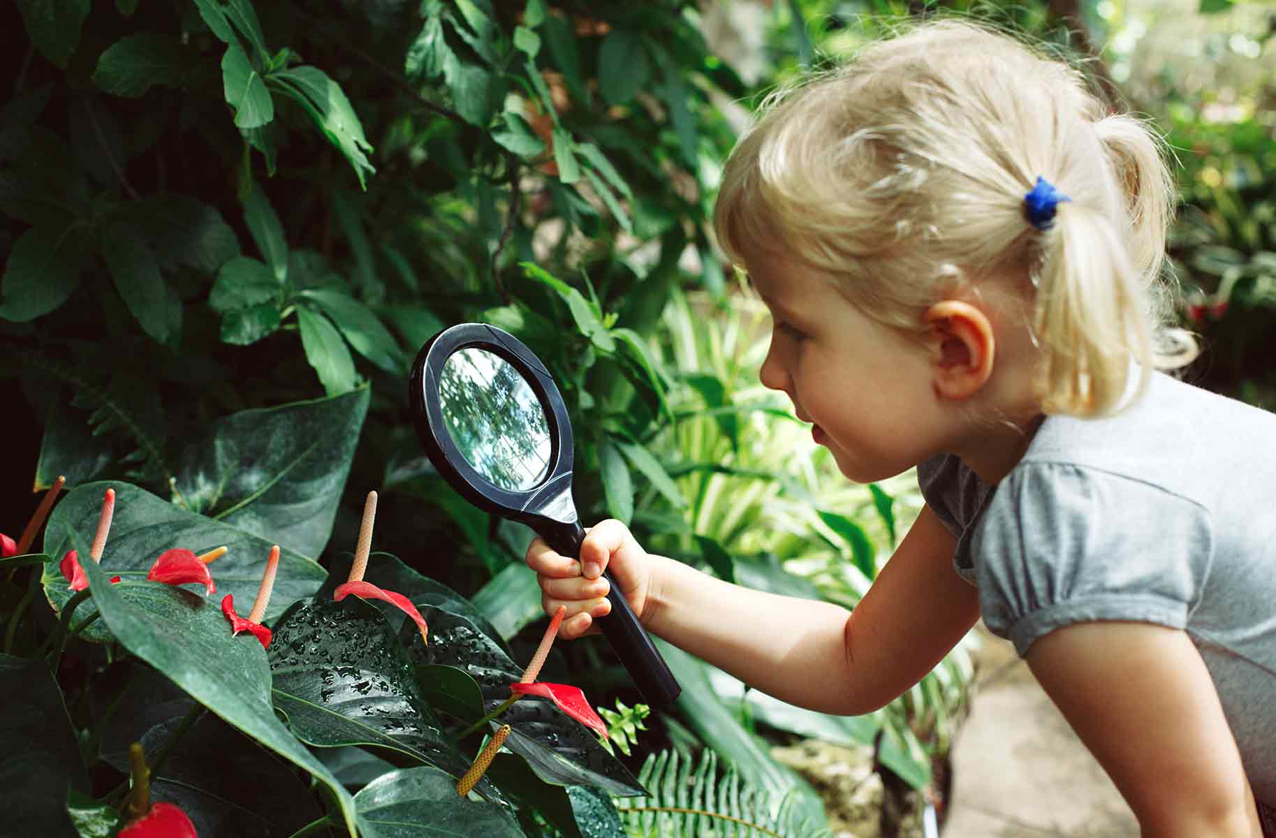 Bambina in un giardino botanico